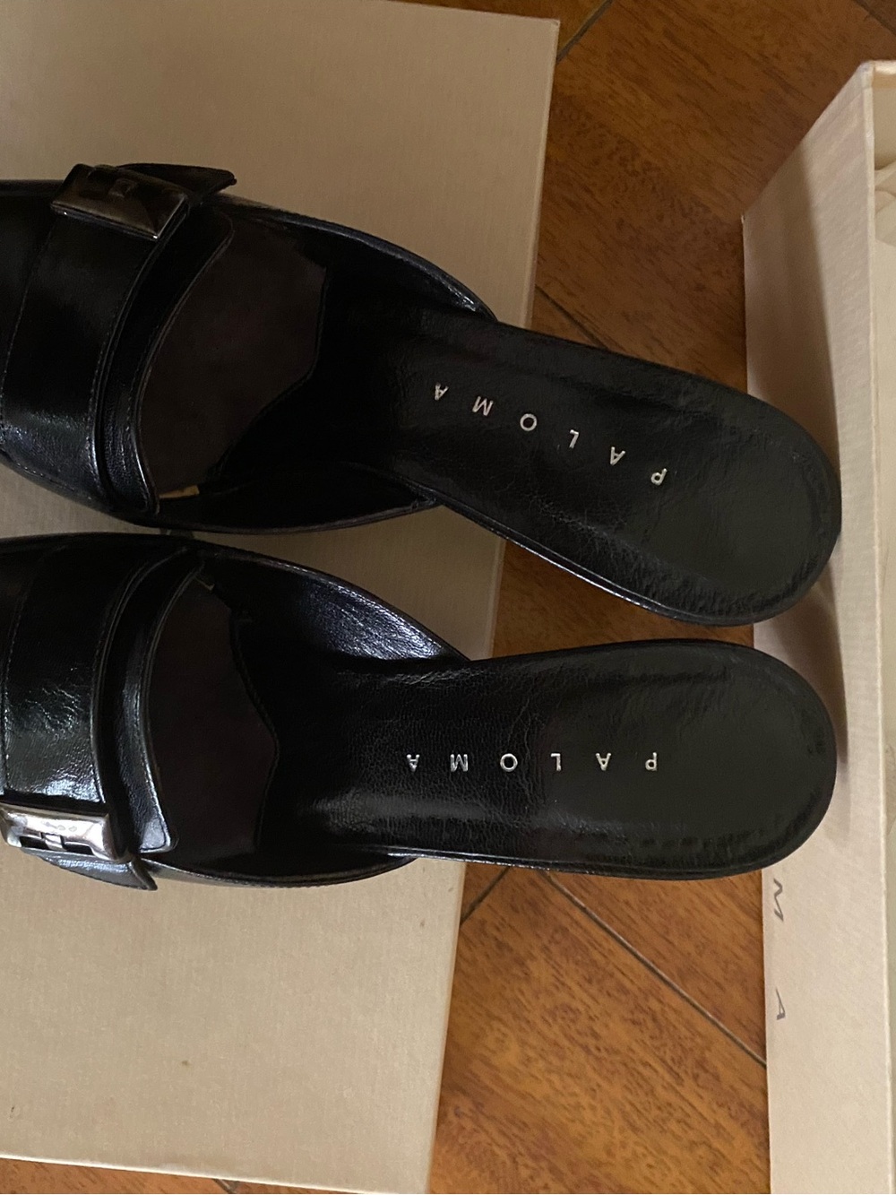 Paloma Black Leather Buckle Slide Mules